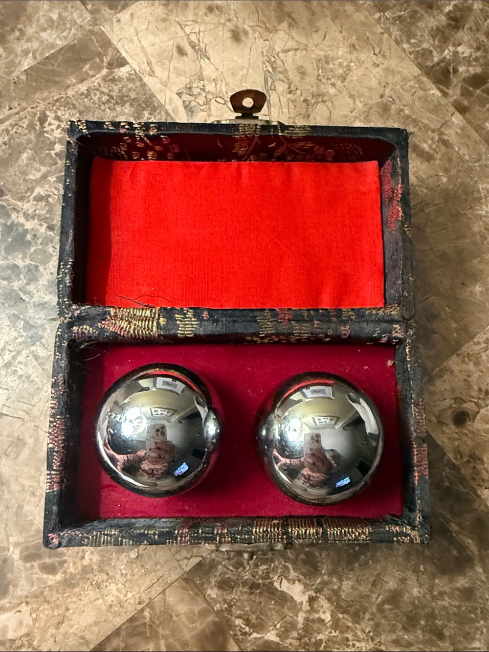 Vintage Chinese Silver-tone Chinese Baoding Balls w/ Chimes in Red Lined Box